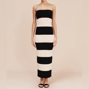Posse Theo Striped Jersey Strapless Maxi Dress in Black and Bone, size S